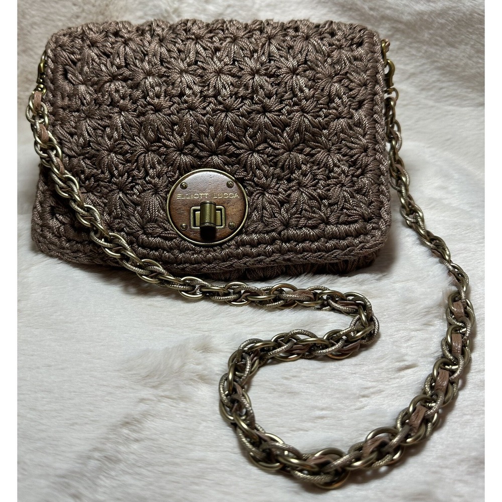 Unique Elliott Lucca Brown Woven Purse Bag Neutral Vintage Stylish Heavy